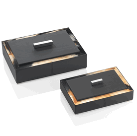 Luxury Italian Black Leather Box * Polished Horn Accents * Custom Made To Order * Small: 4 x 22 x 15 cm 