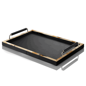 Luxury Italian Black Leather Tray * Polished Horn Accents * Custom Made To Order * 8 x 50 x 35 cm
