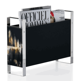 Luxury Custom Made Black Italian Leather & Horn Magazine Rack * Stainless Steel, Horn Accents * 12 x 18 x 5 inches