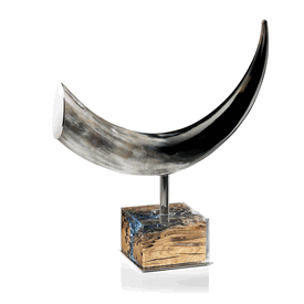 Luxury Custom Made Mounted Long Horn Sculpture * Venetian Driftwood, Aquamarine, Chromed Brass Base * 20 x 6 x 4 inches