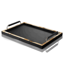 Luxury Italian Black Leather Tray * Polished Horn Accents * Custom Made To Order * 8 x 60 x 40 cm