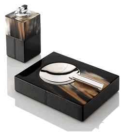 Luxury Italian Black Leather & Polished Horn Ash Tray * Chromed Brass Accents * Custom Made To Order * 4 x 20 x 15 cm